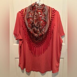 ONE WORLD Vibrant Coral Orange Top With Detachable Paisley scarf